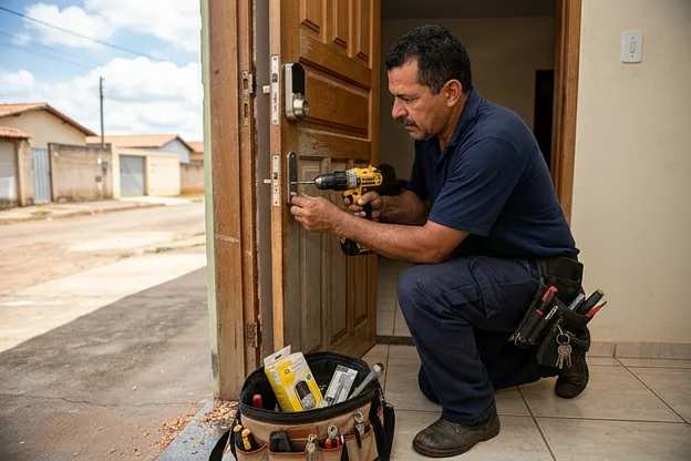 Chaveiro instalando uma fechadura em uma residência em Planaltina.