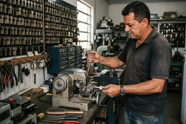 Máquina de cópia de chaves em funcionamento em Planaltina.